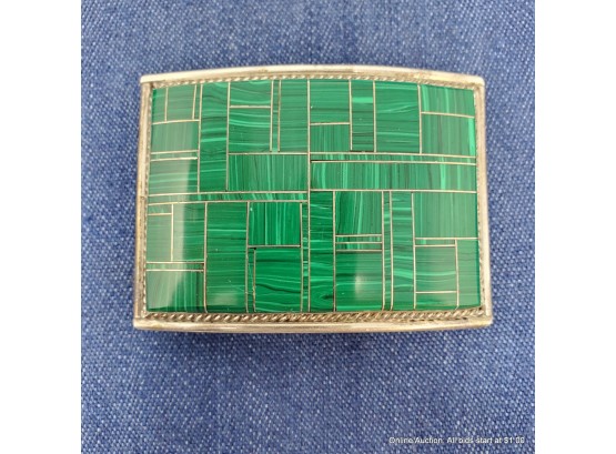 Sterling Silver And Malachite Belt Buckle Signed E. Long 59 Grams