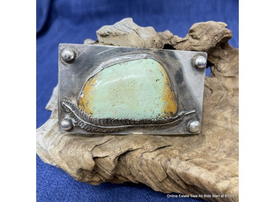 Silver And Turquoise Belt Buckle With Feather Accent