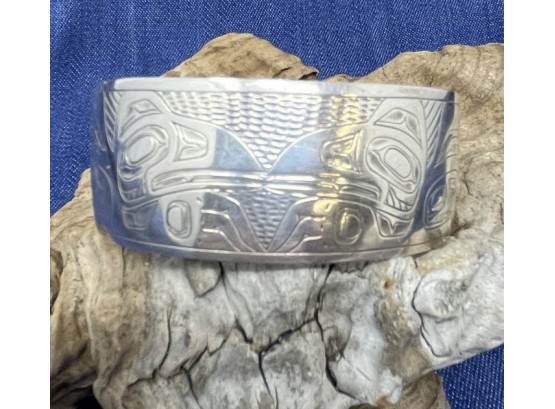 Unmarked Silver Cuff Bracelet With Pacific Northwest Art
