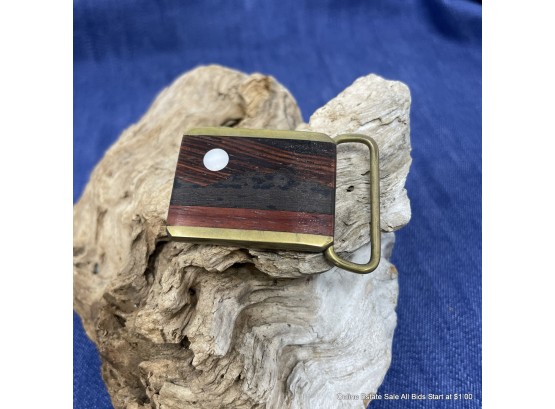 Brass Belt Buckle With Wood And Mother Of Pearl Inlay