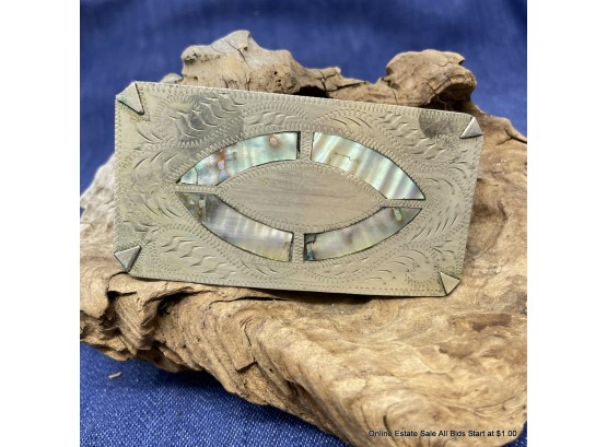 Silver Belt Buckle With Mother Of Pearl Inlay