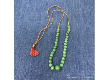 Vintage Green Aventurine Beaded 31' Necklace On Red Cording