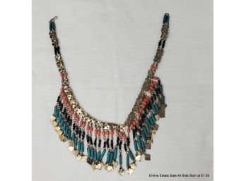 Ornate Silver Tone And Ceramic Indian Style Necklace 18'