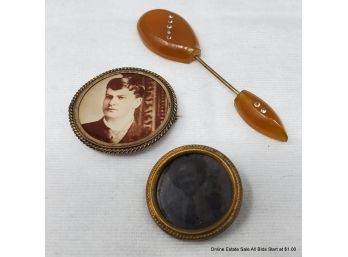 Antique Jewelry Including Two Photo Pins And (possibly Bakelite) Stick Pin