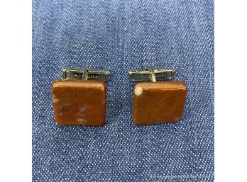 Pair Of Cuff Links With Red Gemstone Possibly Jasper