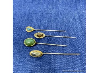 Lot Of Four (4) 14K And Up Gold Hat Pins With Polished Stones