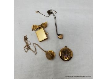 Lot Of Three (3) Lockets, One On Chain, One Pin And One Gold Tone Heart Pendant On Chain