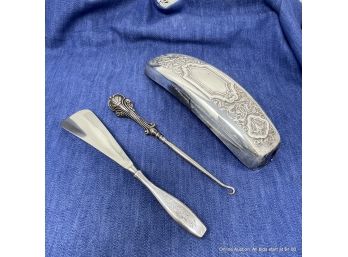 Sterling Silver Vanity Set With Shoe Horn, Corset Hook, And Silver Plated Telephone Cover
