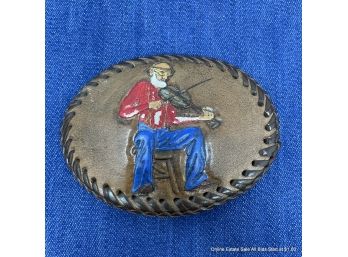 Tooled Leather Belt Buckle With Fiddle Player