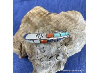 Unmarked Silver Bracelet With Turquoise, Mother Of Pearl, Coral Stones And Bear Stamping