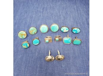 Seven Pairs Of Southwest Style Silver And Turquoise Cufflinks