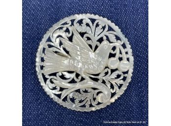 Carved White Shell Brooch With Bird And Cherry Design