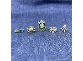 Lot Of Five (5) Various Silver And Turquoise Rings