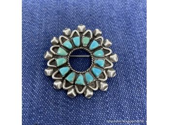 Southwest Unmarked Silver Pin/Brooch With Turquoise Stones