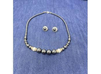 Hematite Necklace And Pierced Earring Set