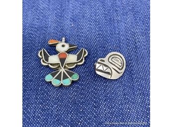 Lot Of Small Silver Pin And Pendant With Stone Inlay