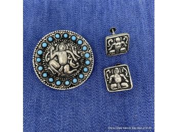 Ornate Tin Brooch And Screw-Hinge Clip-On Earrings Set