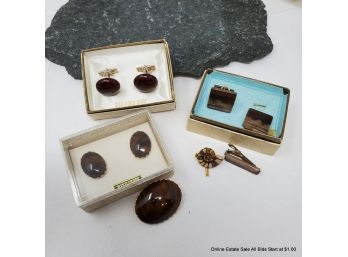 Petrified Wood And Wood Cufflinks And Tie Tacks And One Ammonite Tie Tack