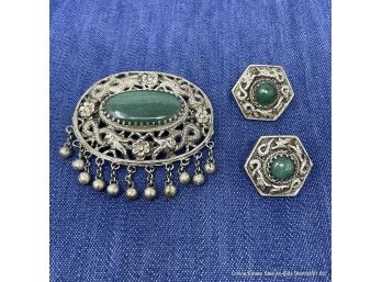 Ornate Tin Brooch And Screw-Hinge Clip-On Earrings With Green Gemstone
