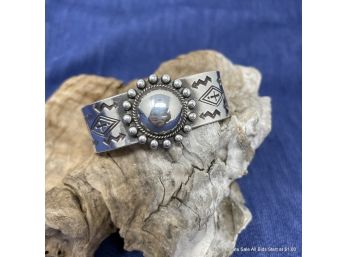 Unmarked Silver Cuff Bracelet With Indigenous Art Motif