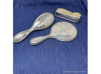 Sterling Silver Vanity Set With Brushes And Hand Mirror