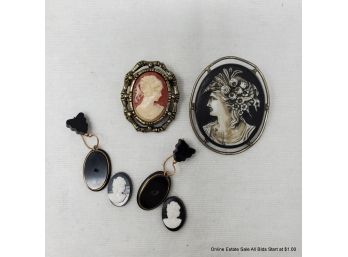Two Cameo Pins And French Hook Earrings