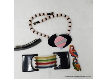 Vintage Lucite Buckle, Art Glass Necklace, Two Parrot Pins And Black Barrette