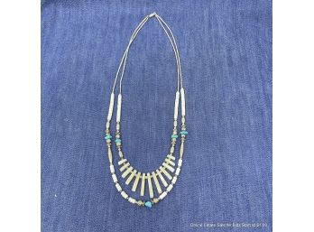Double Strand Silver Southwest Style Necklace With Turquoise And Shell
