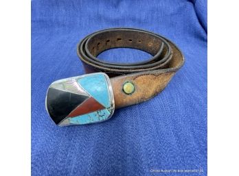 Vintage Brown Leather Belt With Turquoise , Onyx, Red Coral, And Shell Belt Buckle