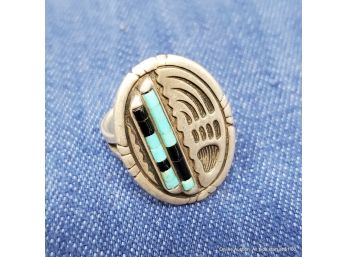 Sterling Silver Turquoise And Onxy Southwest Style Size 9 Ring 9 Grams