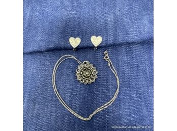 800 Silver Flower Pendant Necklace And Sterling Silver Monogramed Heart-shaped Clip-on Earrings