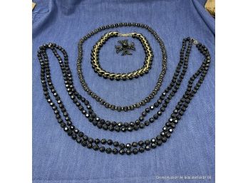 Lot Of Black Beaded Necklaces And Pin/brooch