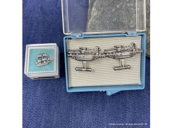 Pair Of Sterling Silver Train Cuff Links And Pewter Masted Ship Tie Tack, Boxes Included