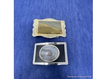 Lot Of Two (2) Metal And Polished Stone Belt Buckles