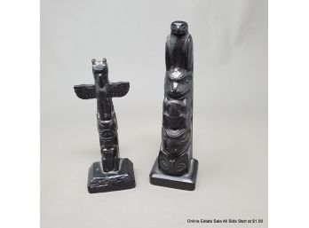 Pair Of Haida Totem Poles With Bear, Frog, And Eagle Motif