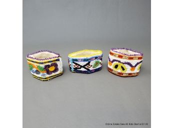 Set Of Three (3) Beaded And Leather Napkin Rings