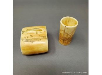 Scrimshawed And Carved Marine Ivory Decorative Objects