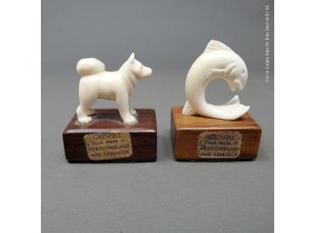 Pair Of Carved Marine Ivory Figurines, Husky And Fish