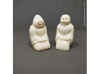 Pair Of Hand Carved Marine Ivory Inuit Figures