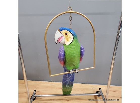 Large Hanging Paper Mache Parrot On Perch