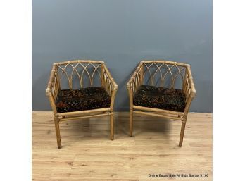 Pair Of Bamboo McGuire Chairs With MCM Print Velvet Cushions