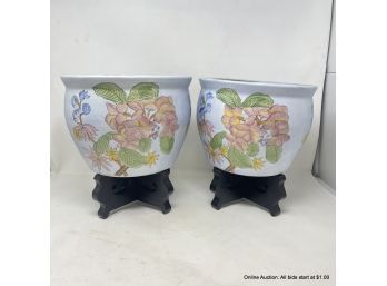 Pair Of Chinese Porcelain Planter Pots  7.5' X 10' On Stands