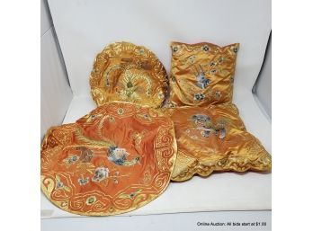 Four (4) Gold  And Rust Toned Small Pillow Covers With Gold Thread
