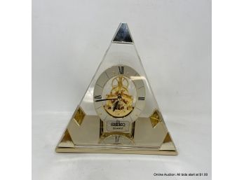 Vintage Seiko Japan Lucite Pyramid Skeleton Desk/Mantle Clock, Quartz Movements, Brass Accent
