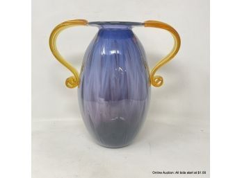 Large 10' Possibly Blenko Art Glass Hand Blown Purple Vase W/ Applied Amber Handles