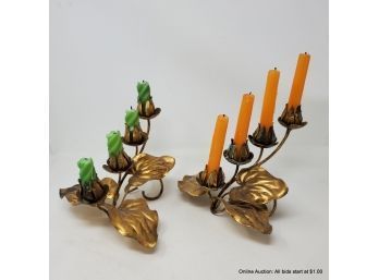 Pair Of Gold Toned Floral Candle Holders