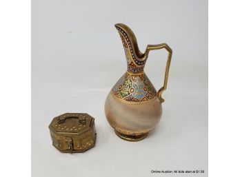 Lot Of Ornate Pitcher And Hinged Trinket Box With Clasp