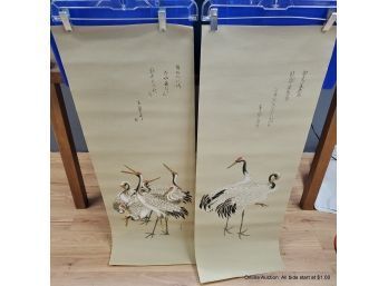 Pair Of Chinese Linen Serigraph Scrolls Of Cranes