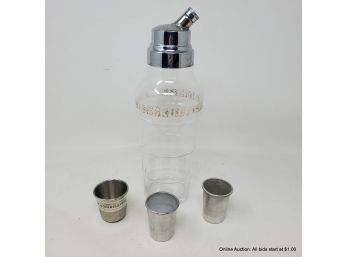 Set Of Vintage Drinkware With Glass Shaker And Three (3) Metal Shot Glasses