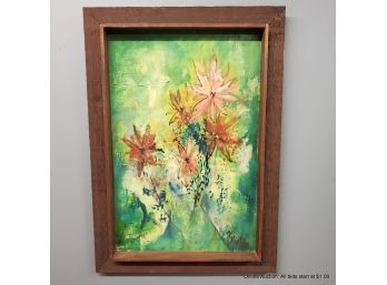 Mid Century Oil On Panel Of Flowers  Signed Frame Size 28' X 20'